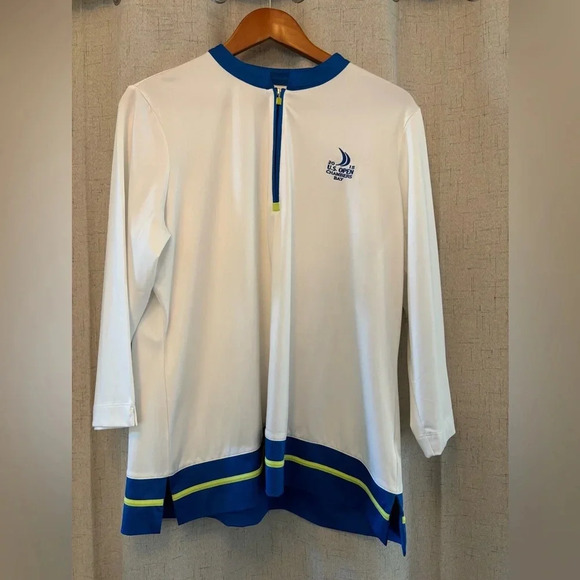 EP Pro Tour Tech Size XL Ladies Golf Shirt. White and Blue with Green Stripe. - Picture 2 of 9